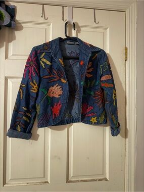 Chico's Embroidered Multicolor Floral Denim Jacket - Blue